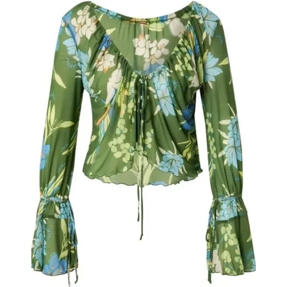 NWT Free People Floral Print of Paradise Semi Sheer V-Neck Crop Boho Top Size XS